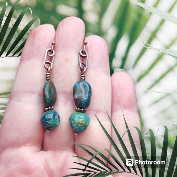 Hand Crafted Chrysocolla and Copper Earrings - Picture 3 of 6